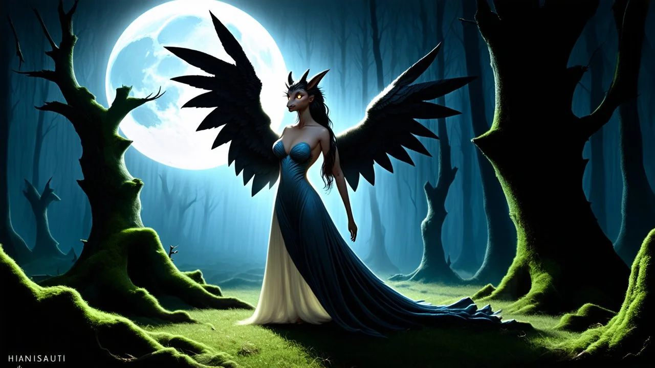 A hauntingly beautiful Empousai, a mythical creature with the body of a woman and the wings of a bird, stands majestically against a backdrop of a moonlit forest. Her ethereal, glowing eyes pierce the darkness, while her feathered wings are spread wide, casting long, dramatic shadows. The forest, filled with ancient trees and glowing moss, adds an air of mystery and enchantment to the scene.