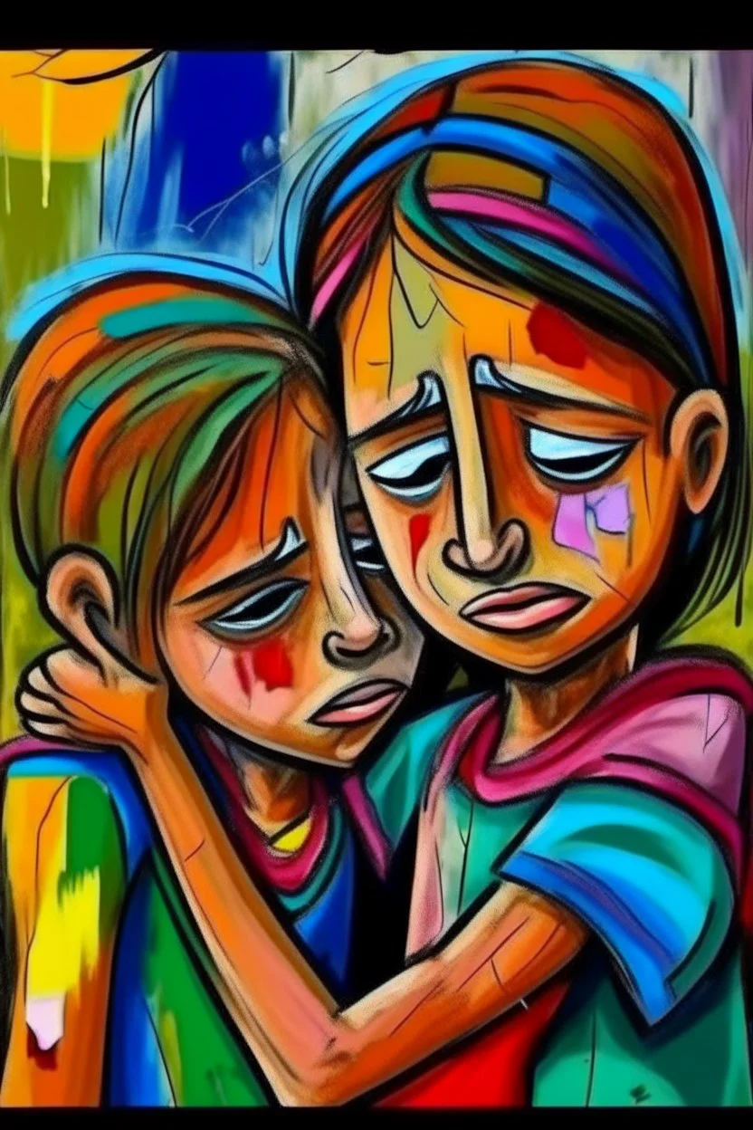 a girl hug her brother and both crying sadly, expressionism, Pixar style, in abstract art Basquiat, Picasso, Miro, Kandinsky, Klee, Birell, Fairey, Ardon, Buffet and Picasso style, HD --s 750 --v 5.1 --style raw, water color