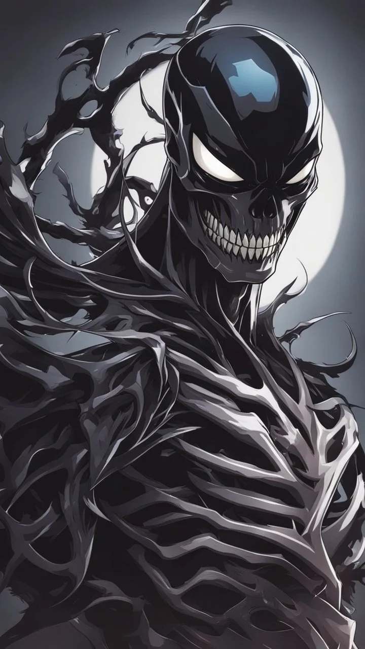 A close picture to Mix between Skeleton and venom symbiote in solo leveling shadow art style