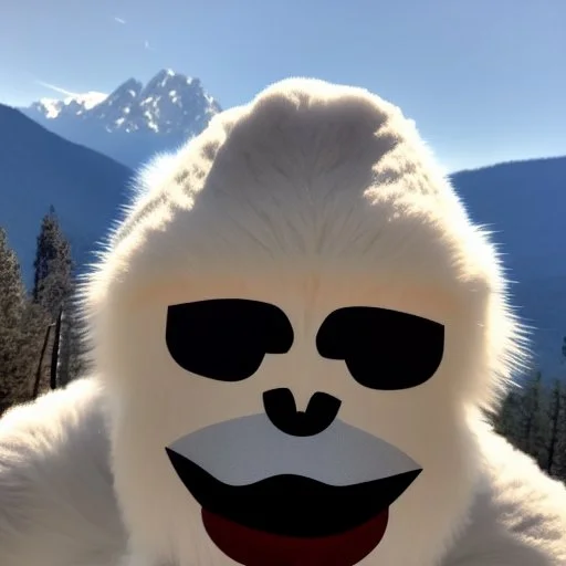 Yeti, wildfires in the background, mountains