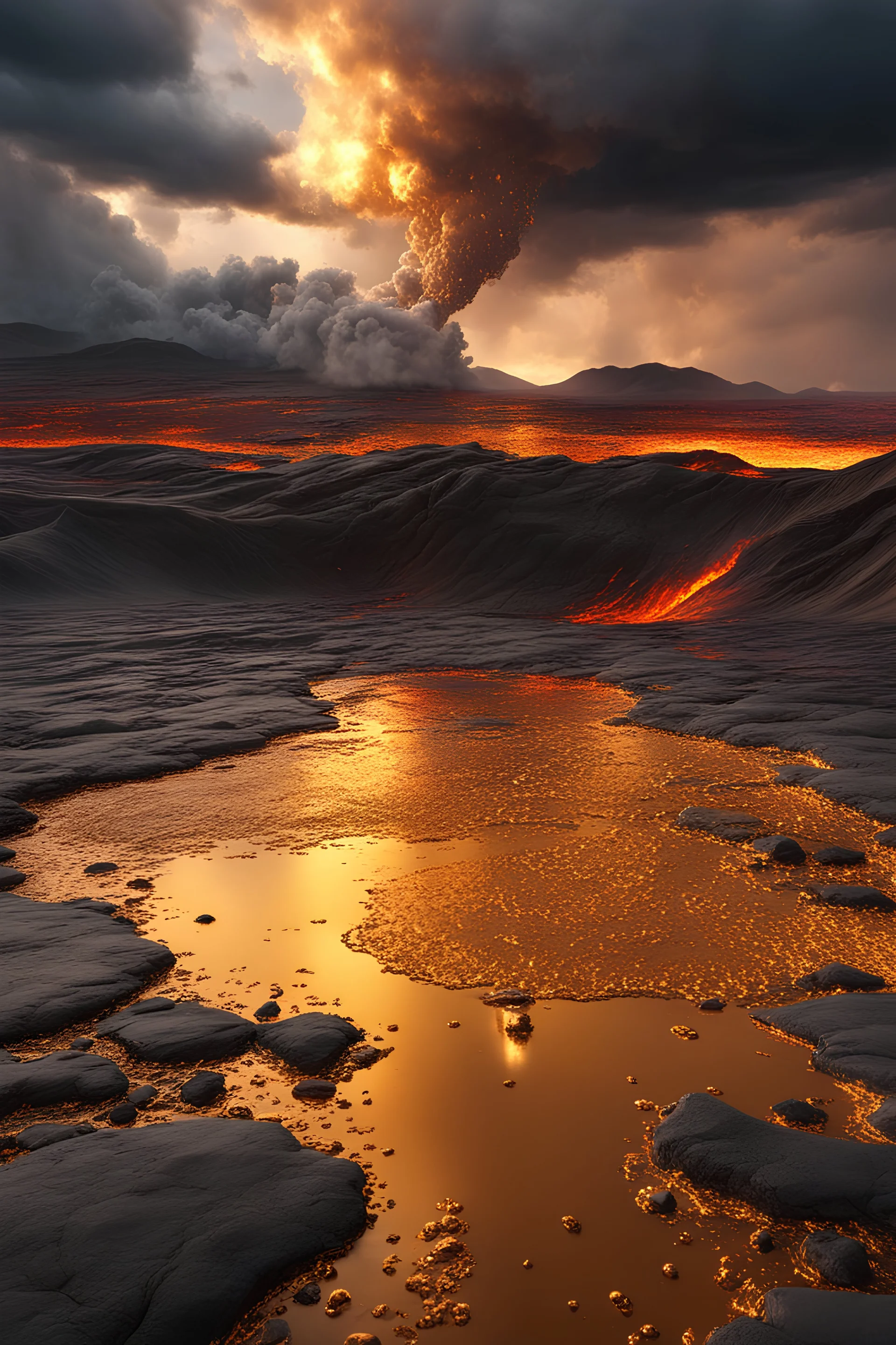 A hyper-realistic photo, gold dripping ink and ::1 ink dropping in water, molten lava, , 4 hyperrealism, intricate and ultra-realistic details, cinematic dramatic light, cinematic film,Otherworldly dramatic stormy sky and empty desert in the background 64K, hyperrealistic, vivid colors, , 4K ultra detail, , real photo, Realistic Elements, Captured In Infinite Ultra-High-Definition Image Quality And Rendering, Hyperrealism,