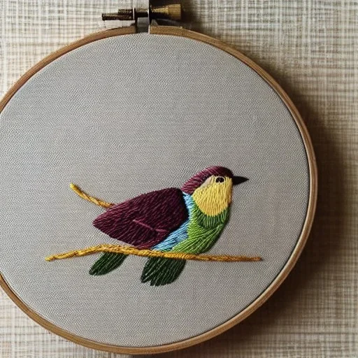 exquisite whimsical birds in embroidery hoop, intricate, highly detailed, linen and wood backdrop