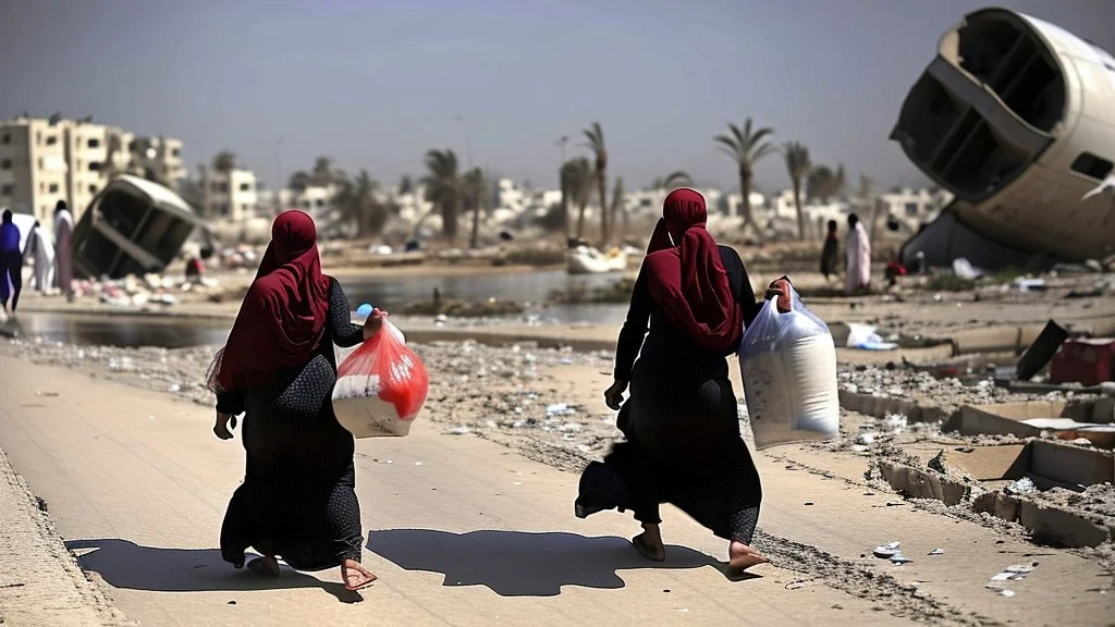 A Palestinian woman wearing a dress carrying very large bags of flour on her back, bending her back down in the destroyed Gaza City, and aid boxes descending from planes near the sea, with a large number of children looking up.