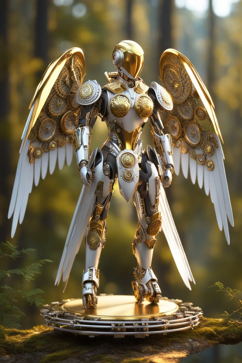 Angel cyborg straddle wings, detailed, intricate, mechanical, gears cogs cables wires circuits, gold silver chrome copper, blurred woodland background, shallow depth of focus, render, cgi, ray-tracing