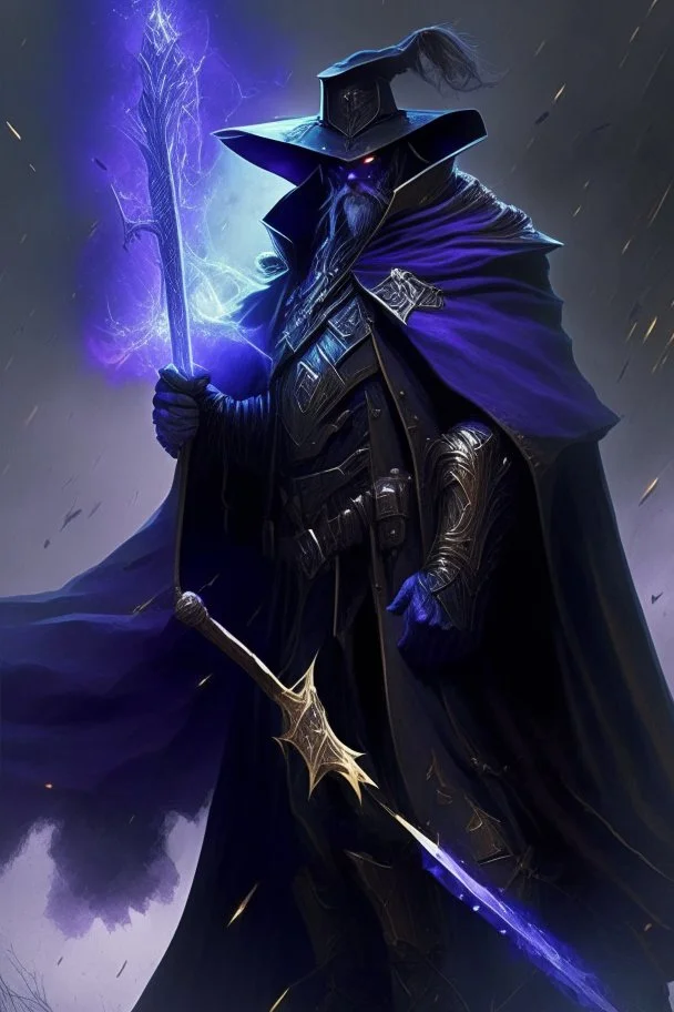 Thanos is the god of power and evil The commander wears a black cloak and a long coat with long combat boots and a long spear with a hat under his cloak with blue flame eyes, a sword like a spear