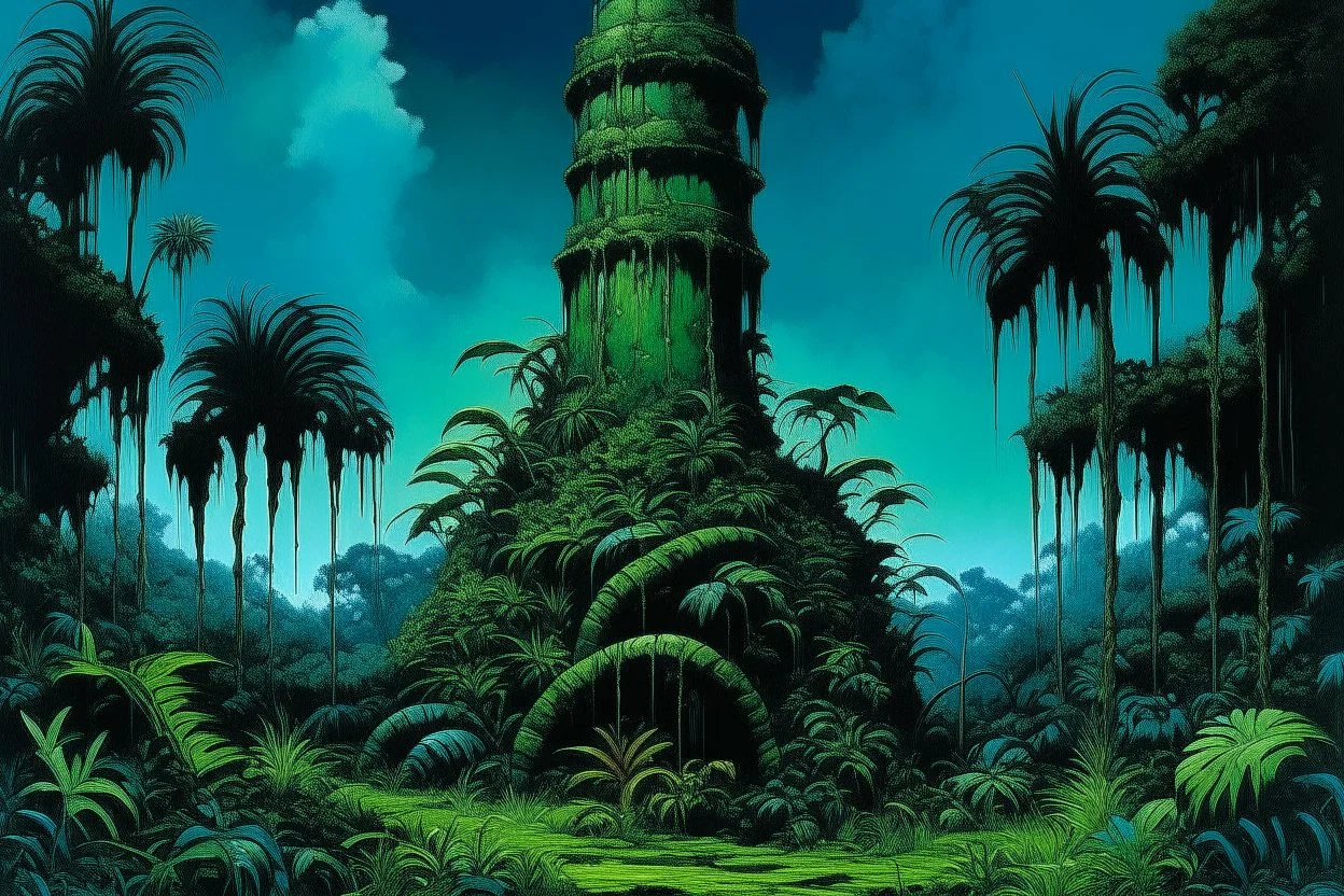 A bluish green tower in a toxic jungle painted by Frank Wilson