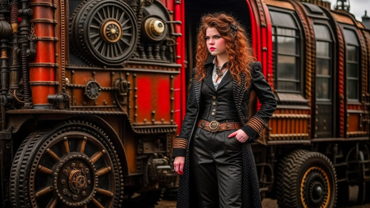 full-length portrait of a pale-faced steampunk woman with auburn wavy shoulder-length hair, with detailed metal arms and legs, dressed in leather trousers, and a jacket, standing beside a steam carriage