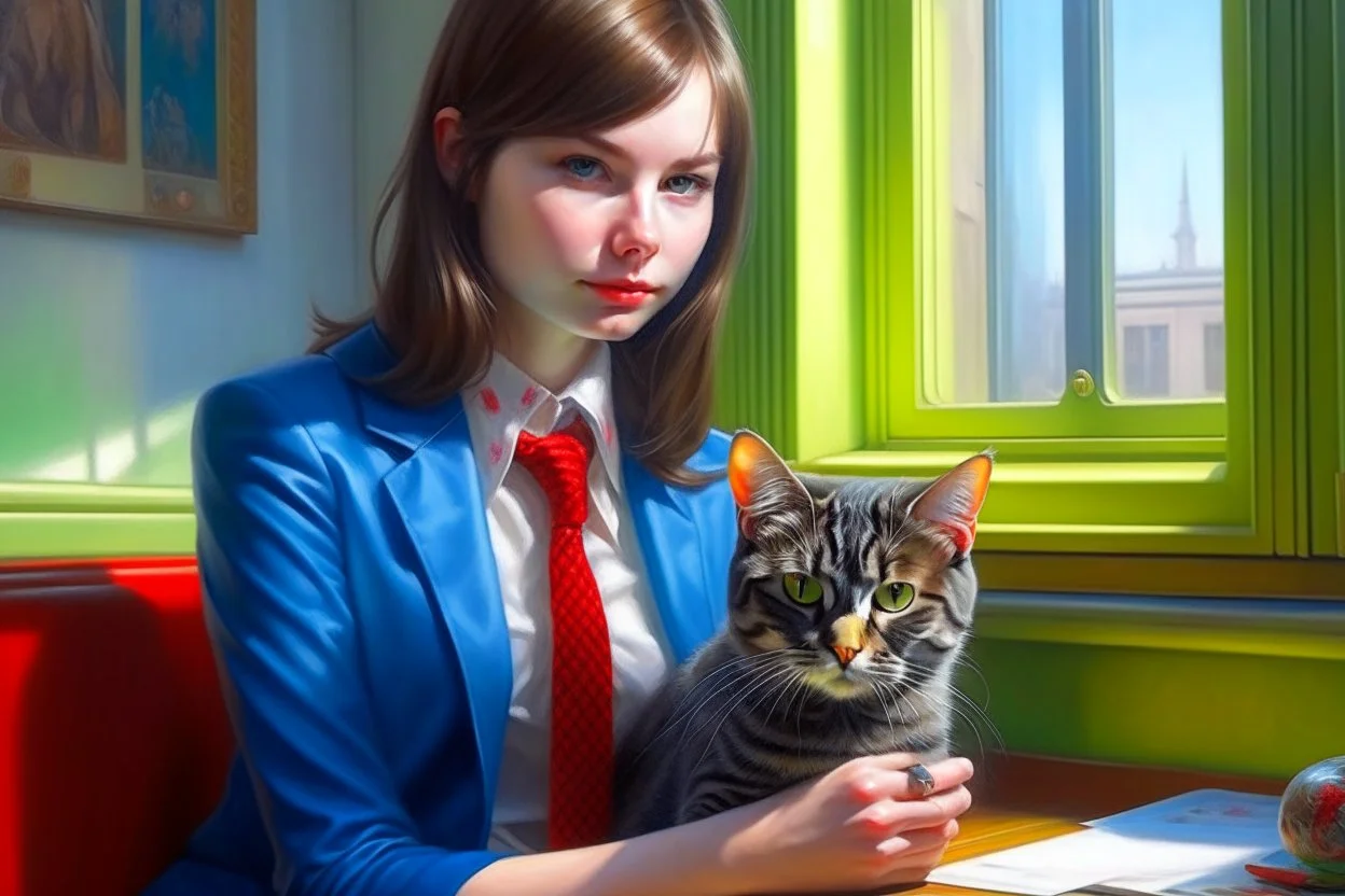 kitten brunette girl secret agent joker in an office in sunshine, very detailed, oil painting