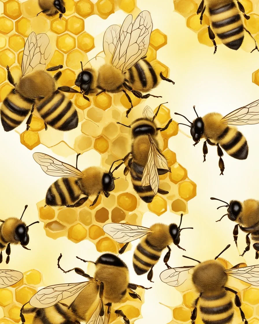 bees flutter over the hive, behind there is a honey yellow background and honeycombs