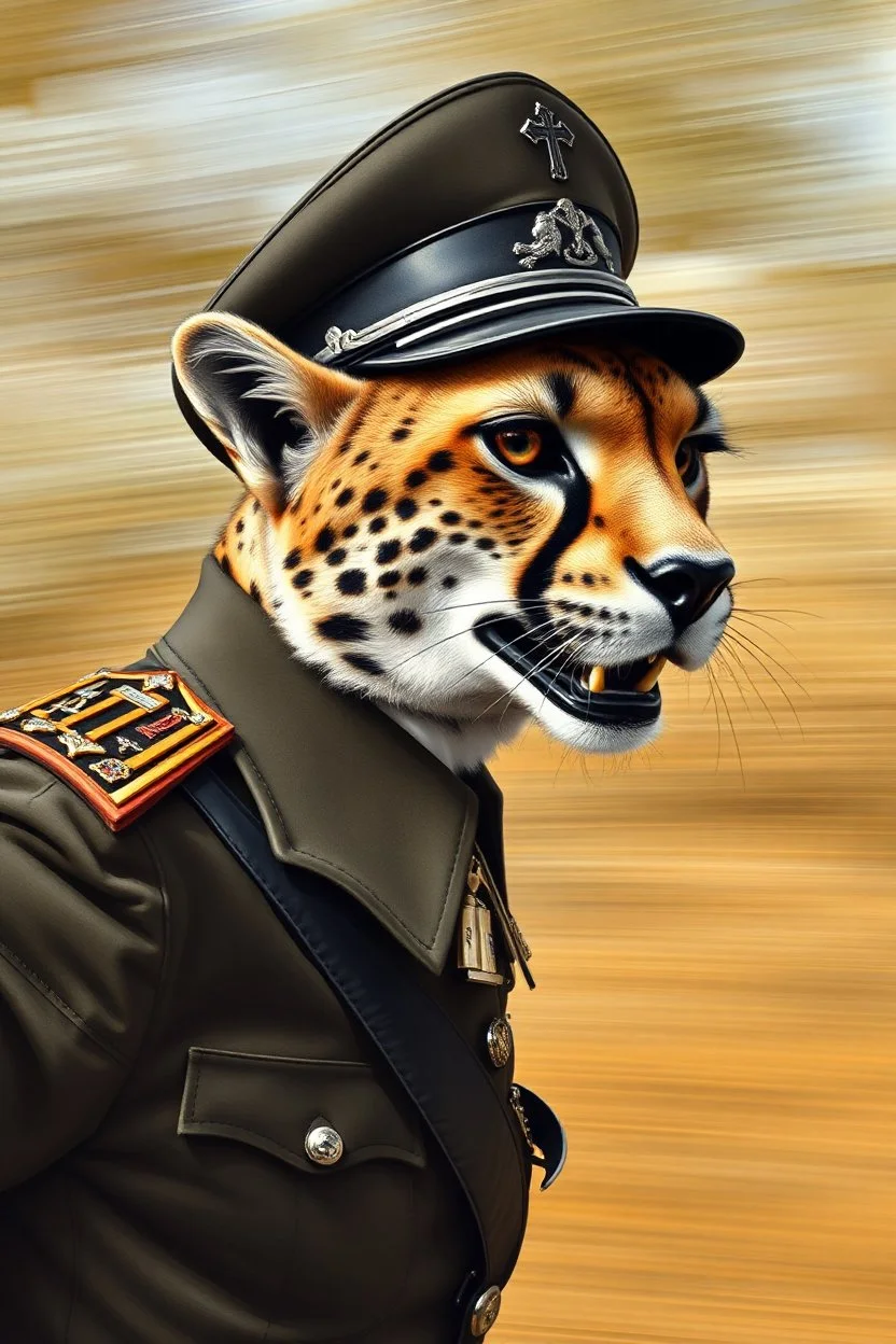 mexican general Hitler on fast cheetah , airbrush and pen outline, motion blurred background