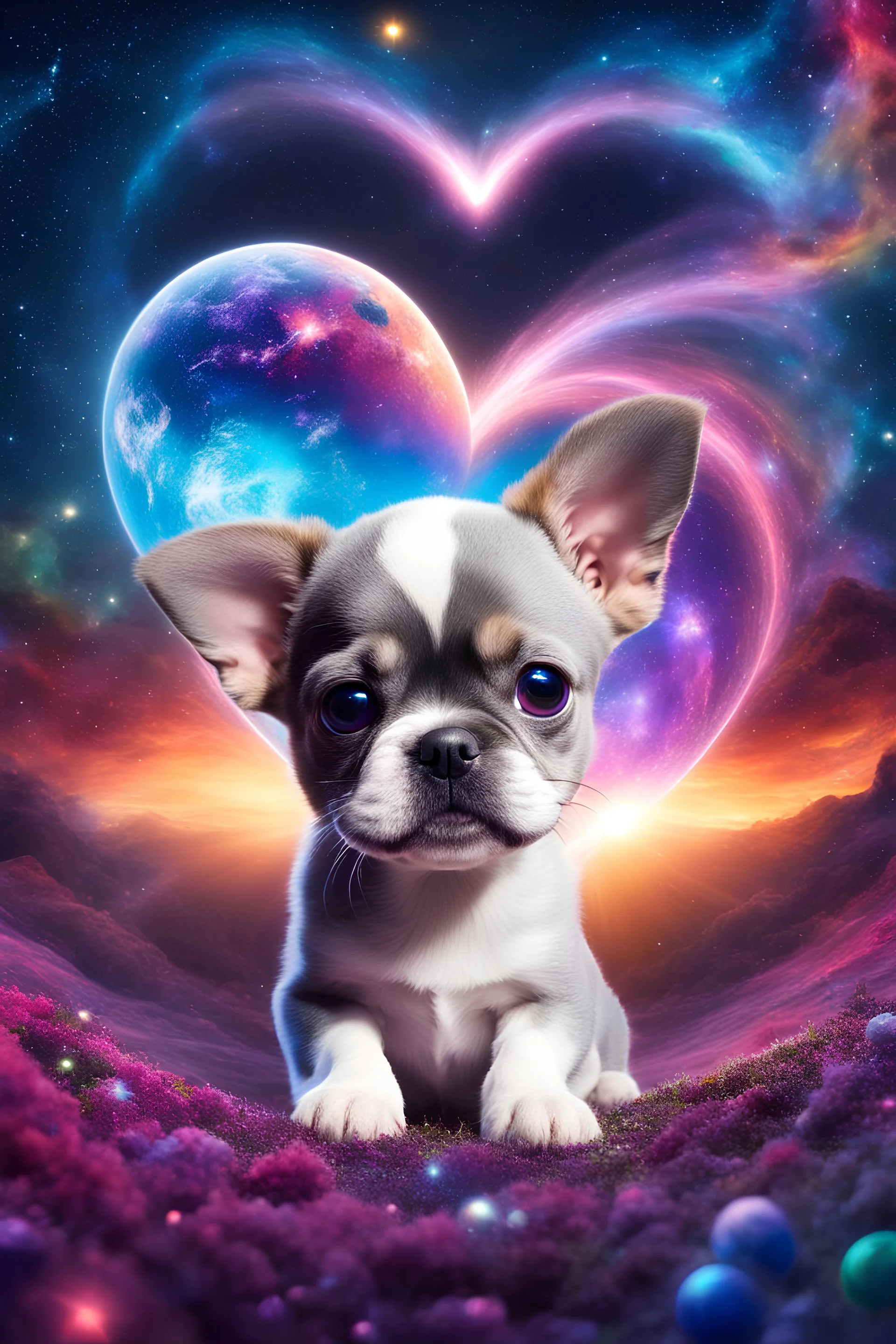 large eyed happy puppy grey frenchton in the distance a colorful intricate HEART shaped planet similar to earth in a brig ażht nebula, sparkles, cinematic lighting, vast distances, swirl, fairies, magical darkness, sharp, depth, jellyfish, cinematic eye view