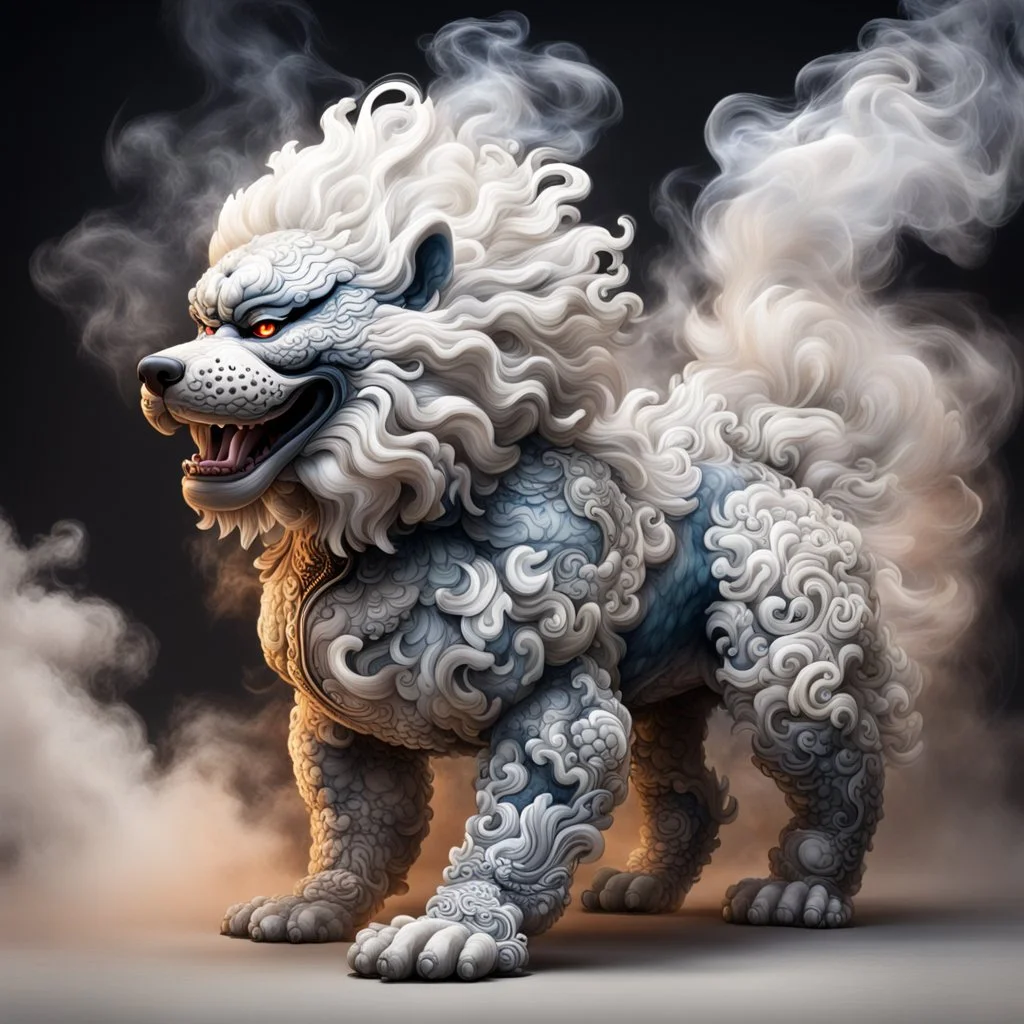 foo dog with curly white fur, smokey breath and fire, a long tail, moving forward towards viewer, wrapped in smoke