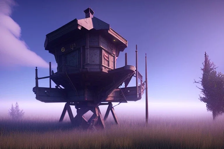 watch tower , plains , day time , unity, scriptable render pipeline , lighting , volumetric , global illumination, fog ,blue emission , purple tone.