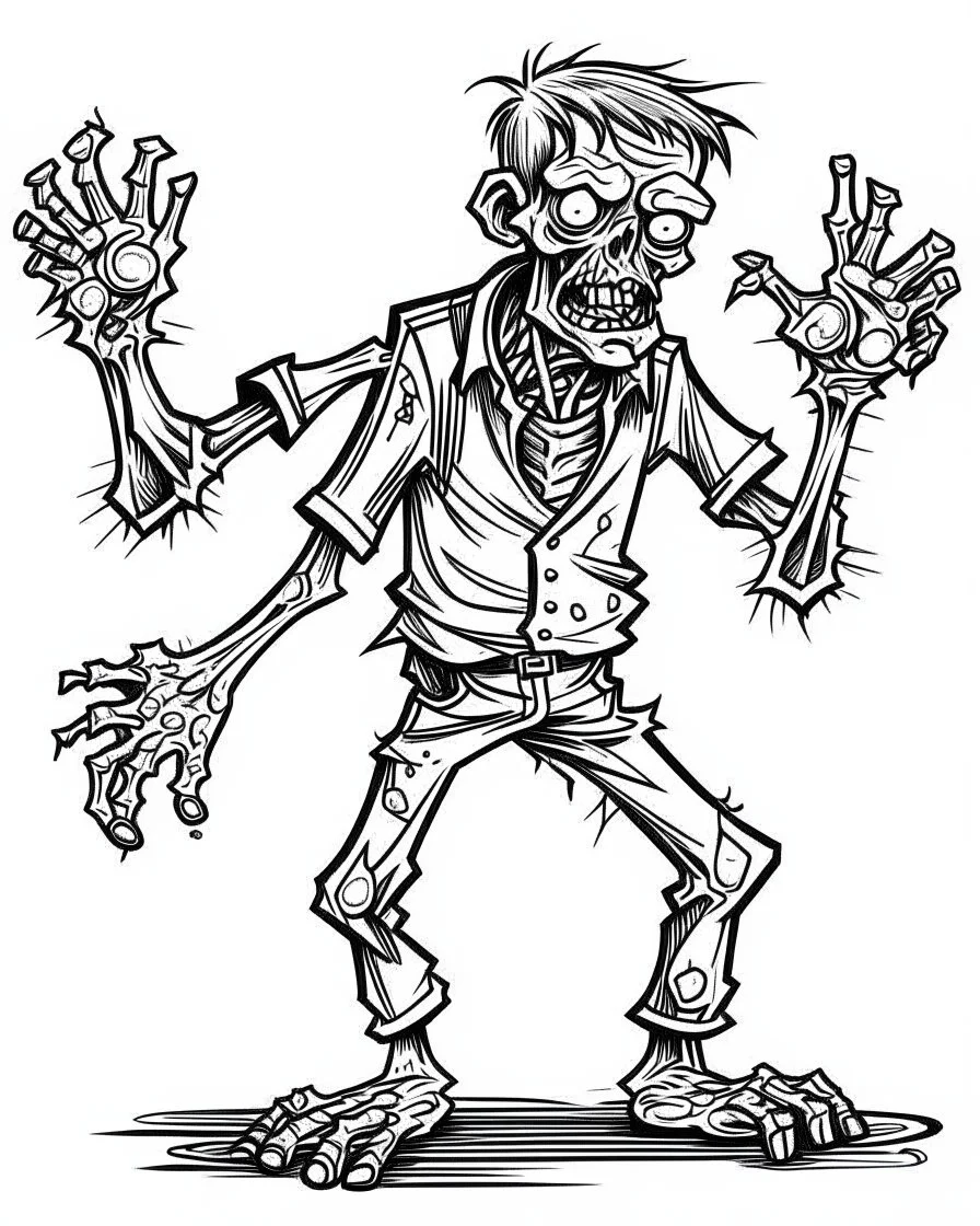 real cartoon zombie, coloring image, full body (((((white background))))), only use an outline., real style, line art, white color, clean line art, white background, Sketch style