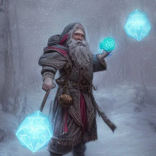 Insanely detailed photograph of an “D&D cleric santa holding glowing D20” with intricate detailed beard, intricate embroidered clothing, hyperdetailed painting by Ismail Inceoglu Huang Guangjian and Dan Witz CGSociety ZBrush Central fantasy art album cover art,8K, hdr, mysterious, ominous, snowflakes,jolly