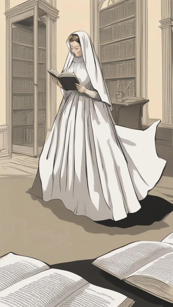 A woman wearing a veil and a wide skirt, and pictures from behind, is reading a book