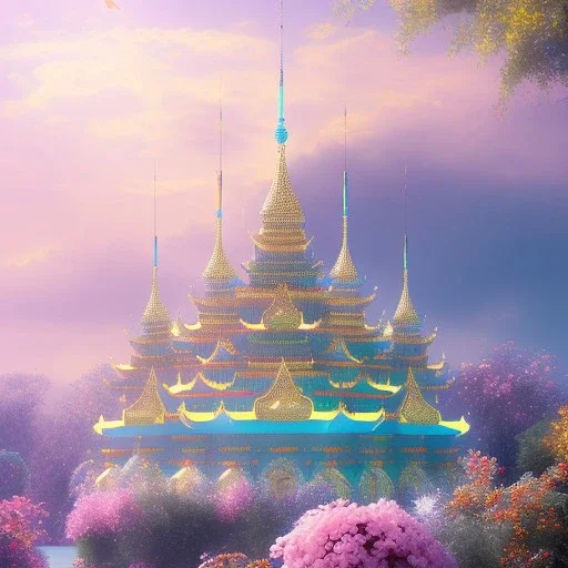 jolie petit temple hindou, lac turquoise, ciel rose et bleu, lumière, fleurs délicates, ambiance très réelle, 8k, Cinematic lighting. Photorealistic. Dynamic lighting. Imperial colors.