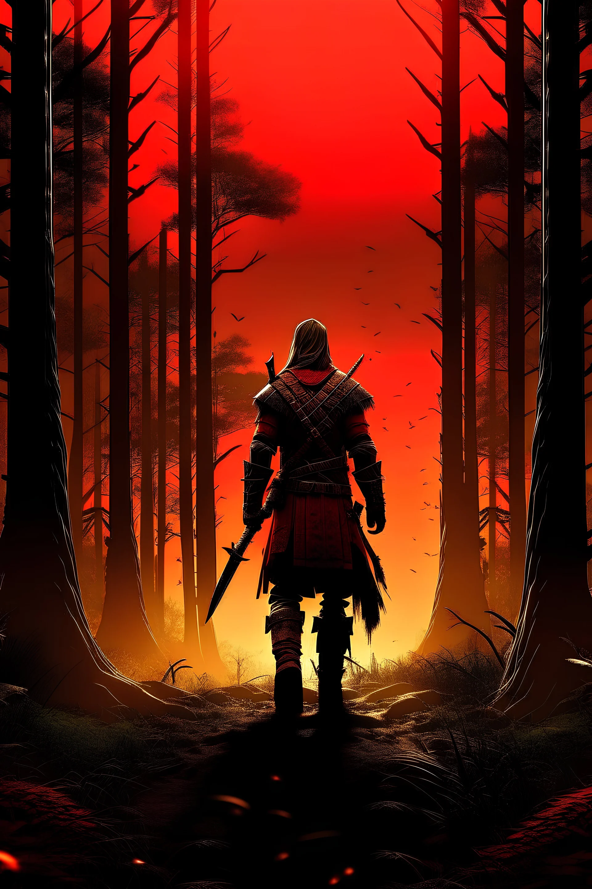 Warrior in red dead redemption style with forest after war background