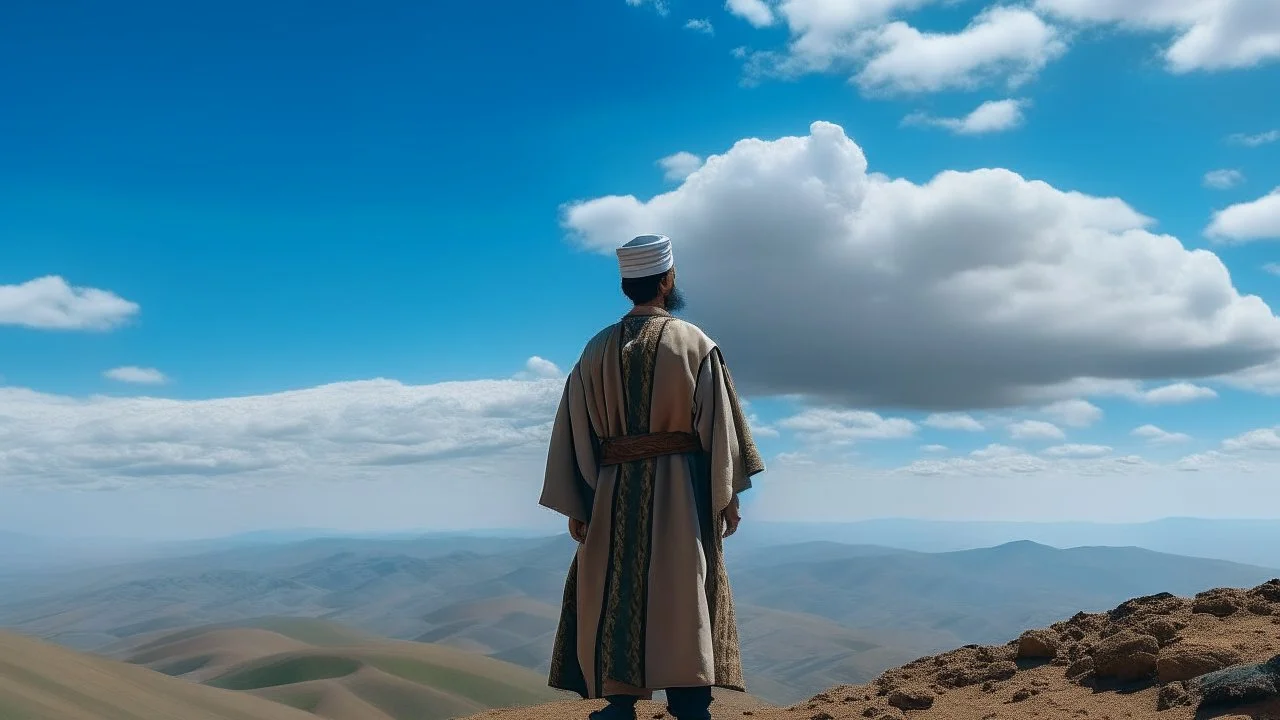 A Morisco general in an Arab dress stands with his back on the top of a mountain, in front of him is a flat land, and the sky is blue and full of clouds.