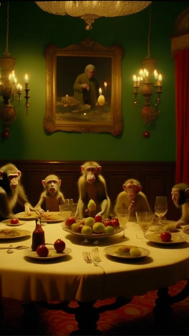 frame from a Wes Anderson film, full shot of the monkey family at a delirious celebration dinner in the Garden of Earthly Delights, small electric light bulbs on the table, birds on the table, grapes hanging, elegant and perfect composition