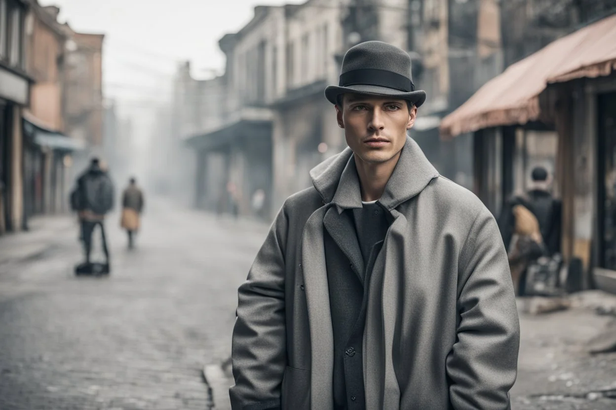 a man who wears the latest fashion in a modern street in a town pollution