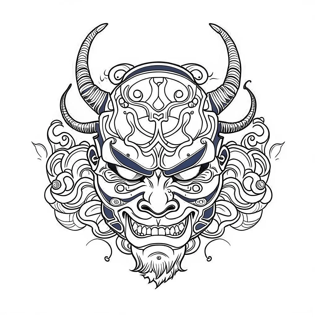 White, minimalis line art , oni mask japanes , vector, white background, outline, with images neatly contained within the background, just black and white color, tatto style.