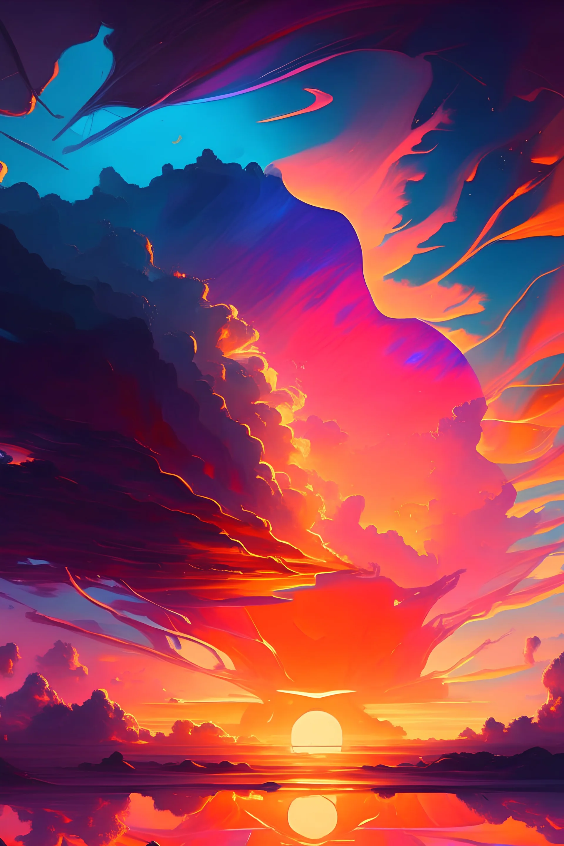 A Painting Of A Sunset, An Airbrush Painting By Petros Afshar, Artstation, Psychedelic Art, Irridescent, Ray Tracing, Psychedelic