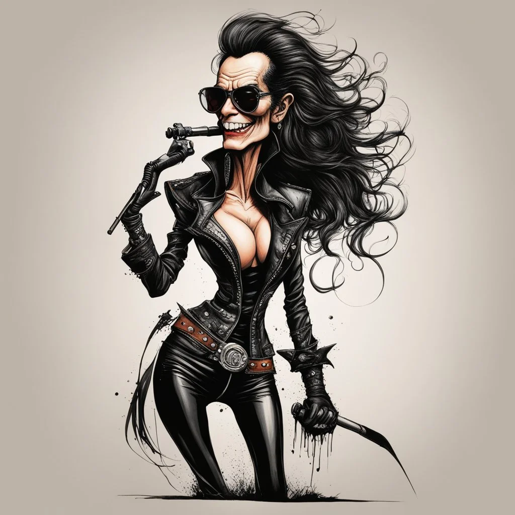 create a full body, seductive, female heavy metal singer with highly detailed and refined facial features, clothed studded leather, in the caricature cartoon style of Gerald Scarfe and Ralph Steadman, precisely drawn, boldly inked, vividly colored, 4k