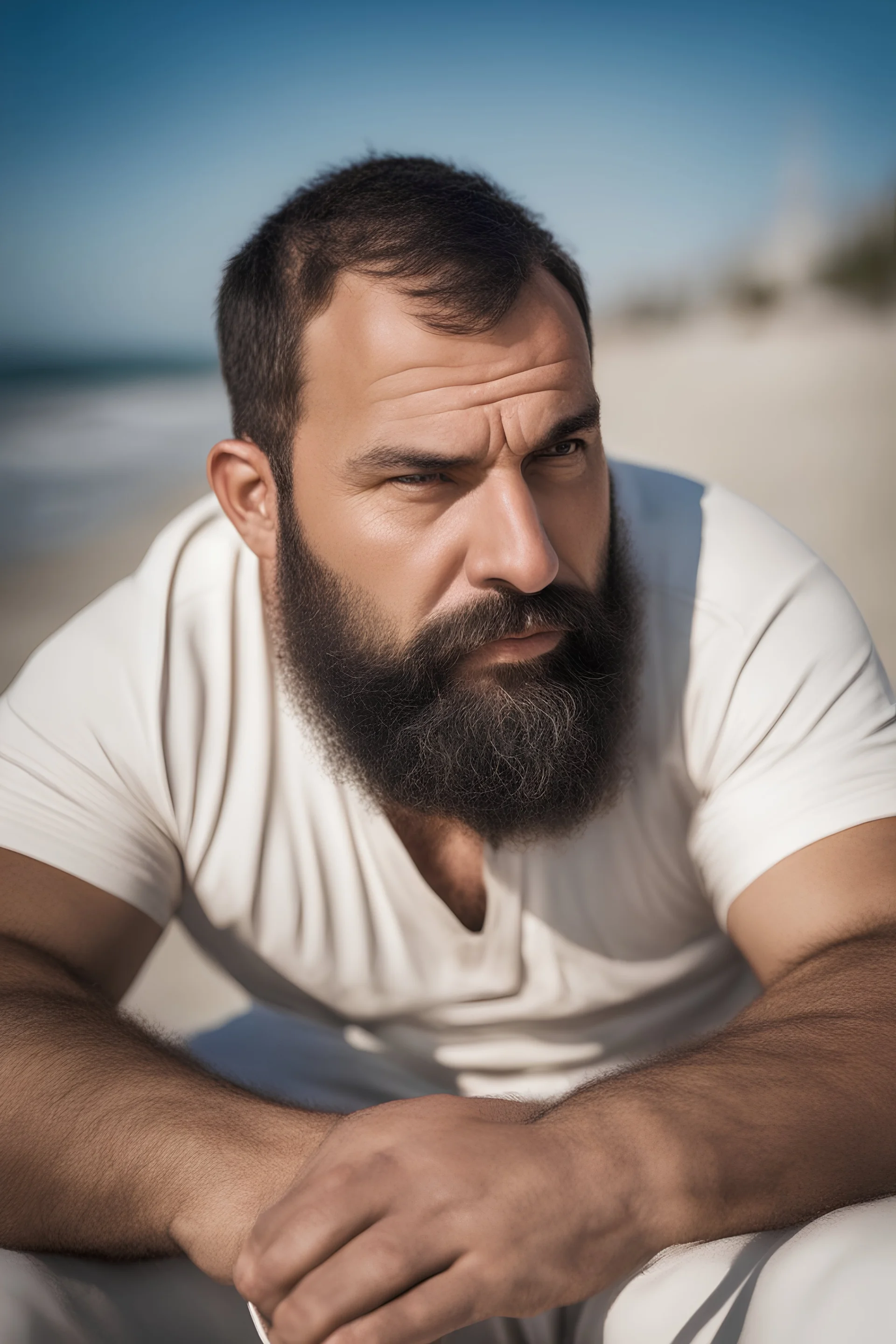 full figure shot photography of a tired strong muscular chubby hairy burly 38 years old ugly marocan carpenter, big nose, bullneck, beard, short hair, manly hairy chest, bulging white shorts, bulge, emotive eyes , relaxing on a chair on the beach in the sun, big shoulders, side light, sweat and wet, ground view angle , front view