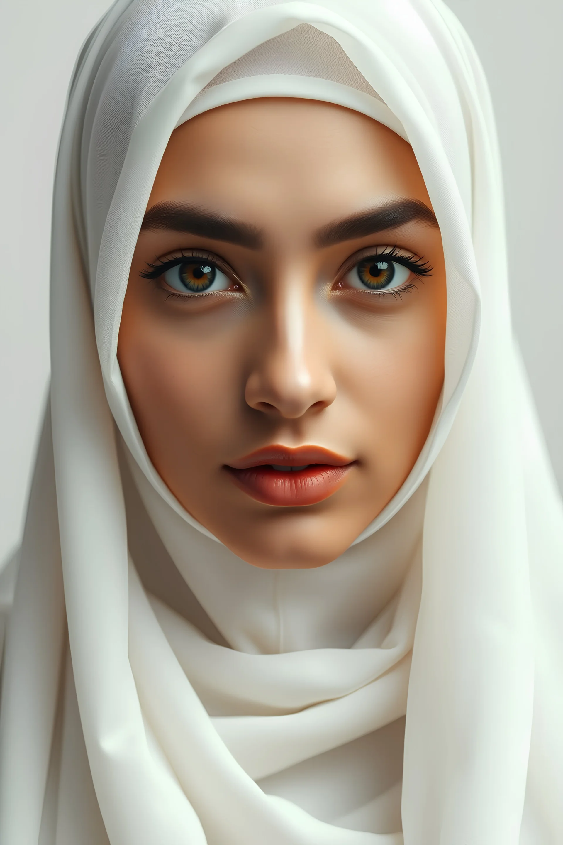 A beautiful urdu muslim woman wearing a long white hijab, 22 years old, beautiful big brown eyes, symmetrical, painterly style, octant render Artstation perfect composition, intricate details, hyper details, masterpiece, perfect composition, perfect anatomy, perfect lighting, (((single subject))), 8K