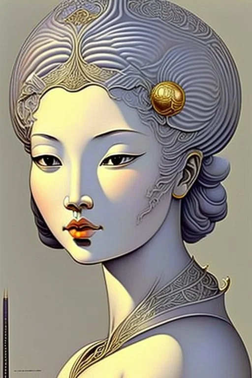 woman's face, half view, greyish colors, by artist "gilded melted bubblewarp";by artist "erte";by artist "michelangelo da vinci";by artist "lalique";by artist "hector guimard" ;character design by artist "emshwiller sol";by artist "fan ho"