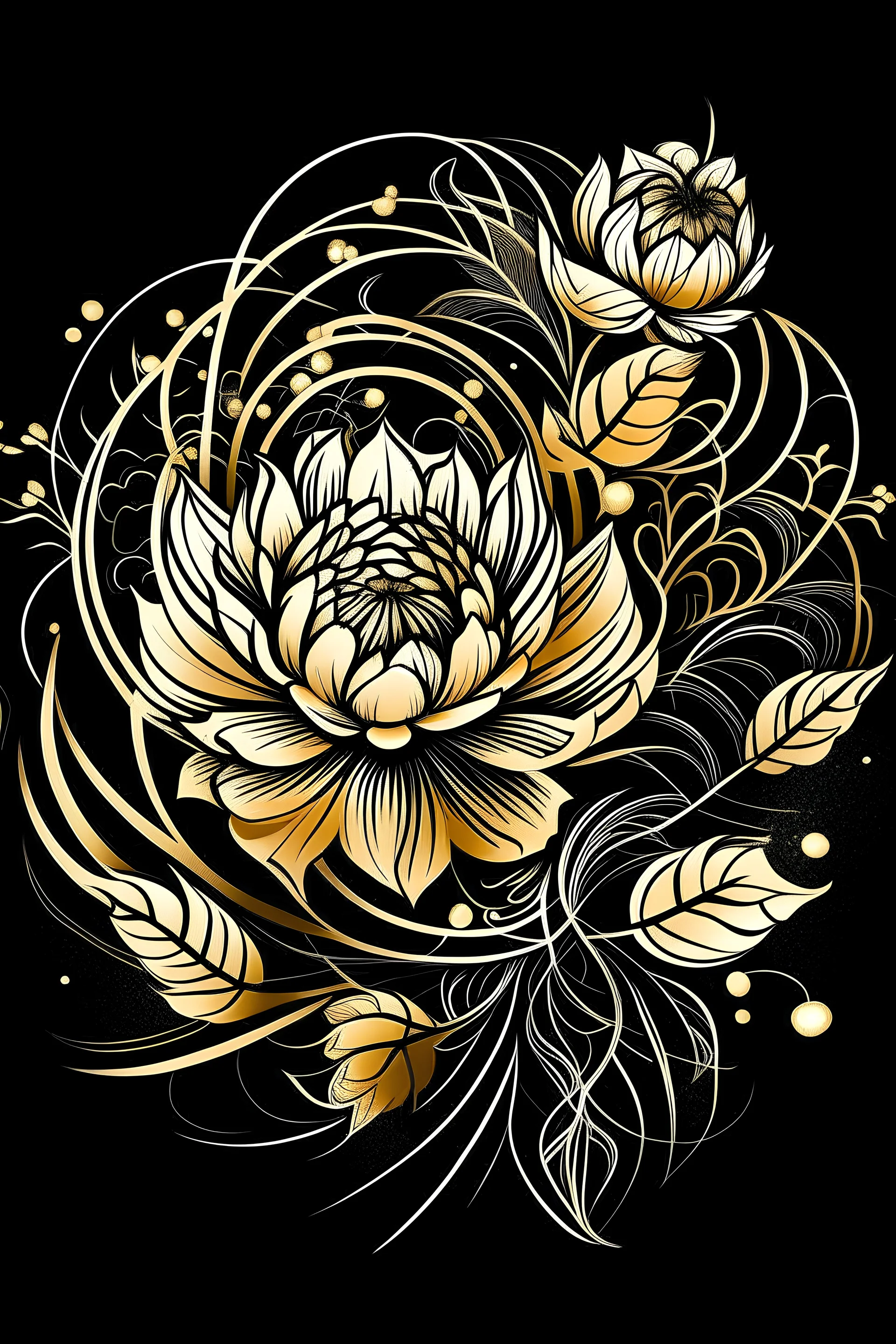 Create a captivating modern 2d black and gold ink tattoo design for print , prestigious Divine Floral using the elegant influences of japan art style, for print, dynamic elements from fashion and design, and bold Japanese contemporary art aesthetics, framing centered in the center, distanced from the edges of the paper perimeter, perfect anatomy, bauhaus, Divine Proportion,