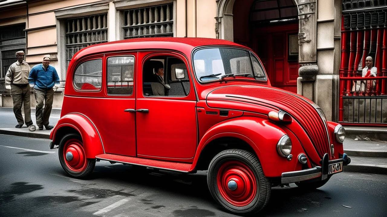 Un enorme elefante adulto intentando acomodarse dentro de un pequeño Fiat 600 clásico de color rojo, con el cuerpo comprimido de manera casi imposible en el diminuto habitáculo, la cabeza y la trompa asomando por las ventanillas abiertas, las patas ocupando completamente el interior. El automóvil permanece estacionado en una calle europea antigua y estrecha, mientras varias personas adultas observan la escena con expresión de desconcierto. Fotografía hiperrealista, perspectiva ligeramente gran a