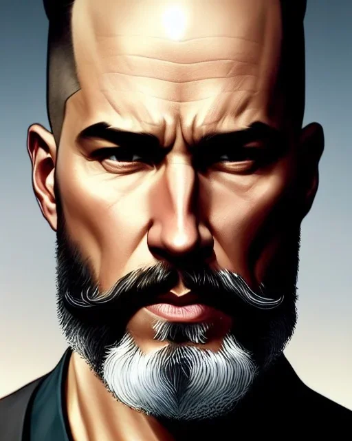 "MIddle aged white human male, with a trimmed but uneven beard, piercing eyes with slick back hair, full-scale head and shoulders portrait, 8k resolution concept art portrait by Greg Rutkowski, Artgerm, WLOP, Alphonse Mucha dynamic lighting hyperdetailed intricately detailed Splash art trending on Artstation triadic colors Unreal Engine 5 volumetric lighting Splash art fantasy"