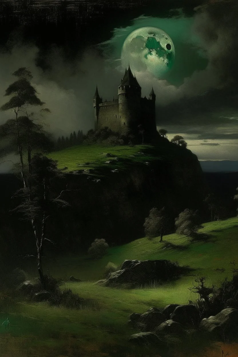 A black dark castle with warped moons painted by George Inness