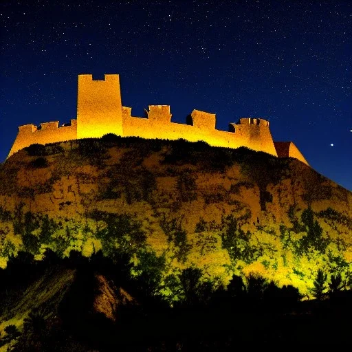 A medieval fort in the distance atop a mountain at night.