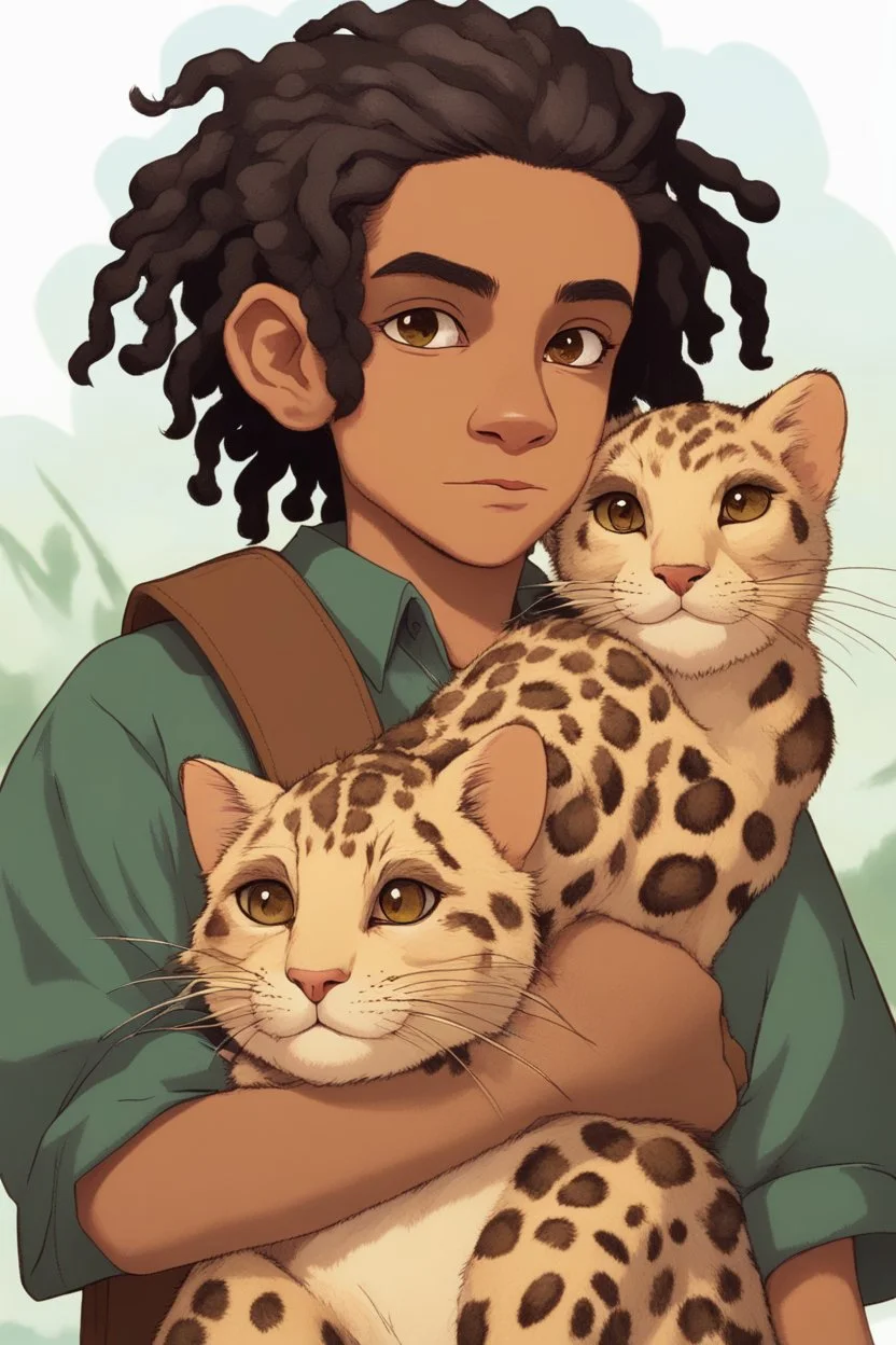 Eleven-year-old mulatto male sorcerer, with wavy black hair tied in a braid, hazel eyes, riding on the back of a giant furry leopard cat