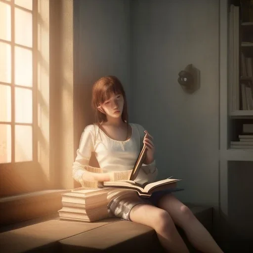 Study girl read a book in by the window, movie, real photo realistic, unreal engine, cinematic lighting --ar 1:1 creative