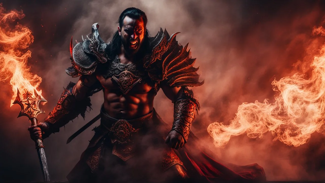 a warrior with broken bones sticking out of his chest. his eyes are made of embers surrounded by smoke. he is fighting a demon orcus. dark horror setting. terrifying horror backgrund. blood, guts, gore. visceral.