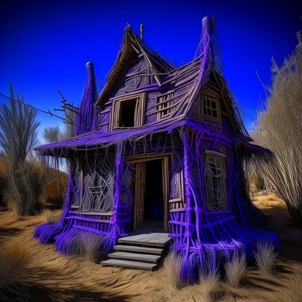 A purple haunted hidden house designed in Navajo baskets painted by Leonardo da Vinci