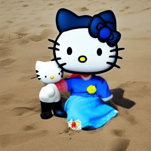 Hello kitty at the beach with goodbye puppy