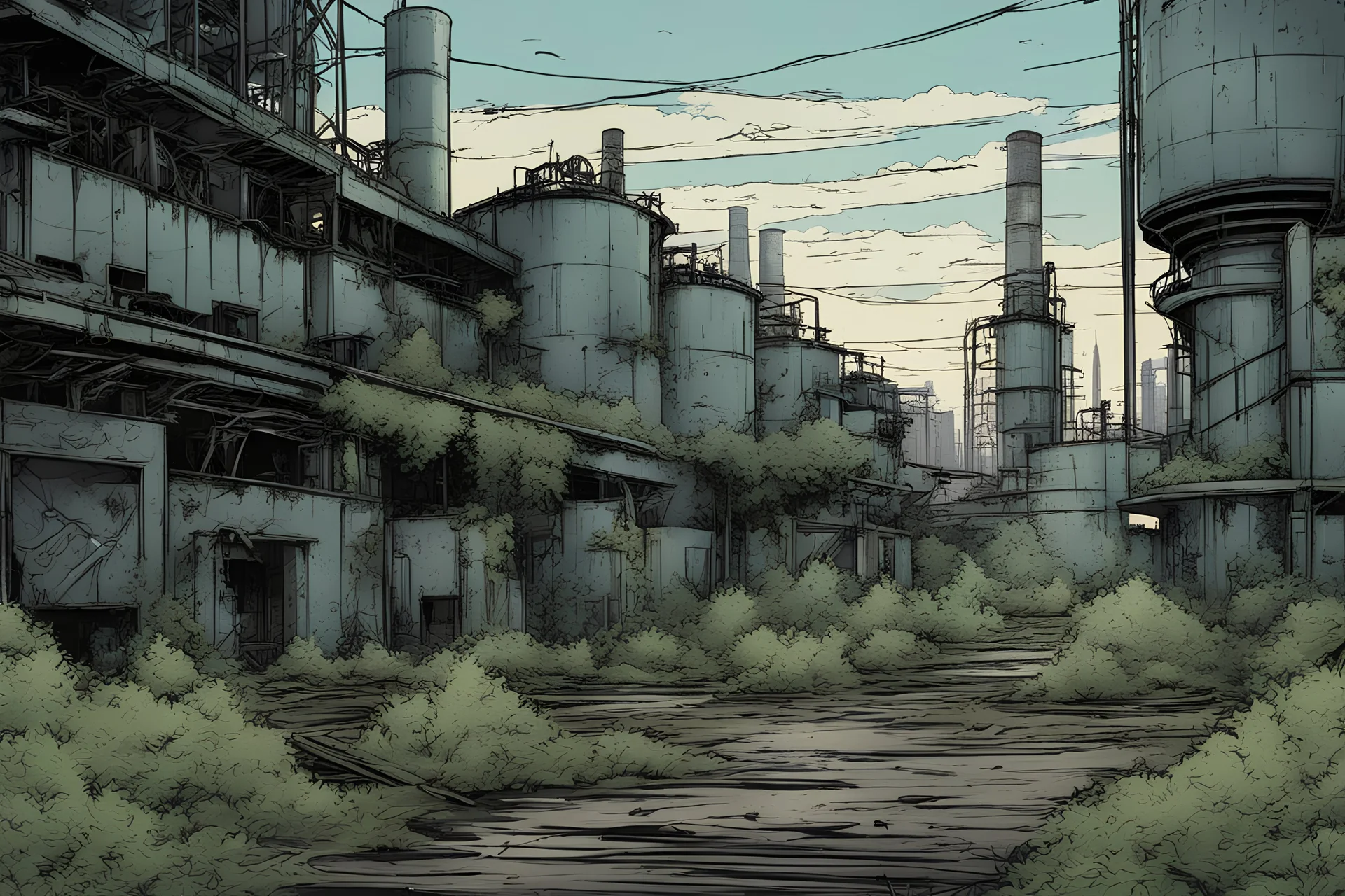 factory , overgrown apocalyptic background, comic book,