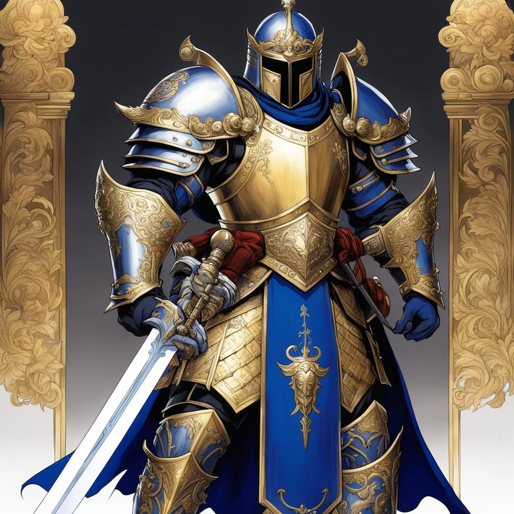 (in the style of Orion, by Masamune Shirow) a paladin knight with his plate armour and his two handed zweihander sword, ready for a blessing