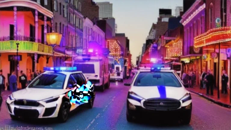 A police Tesla Cybertruck is chasing a Tesla 'Model S Plaid' at top speed, Bourbon Street, in New Orleans. CINEMATIC. WIDE ANGLE LENS.