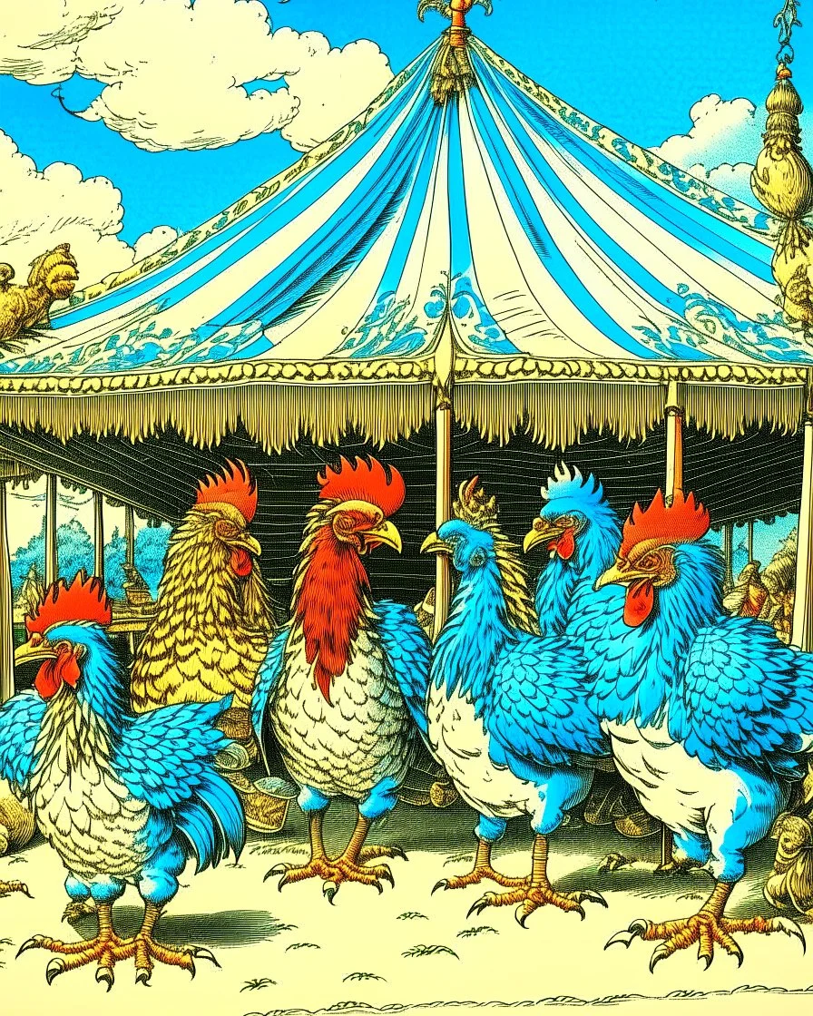 A blue circus with fast chickens designed in Hawaiian tiki statues painted by Katsushika Hokusai