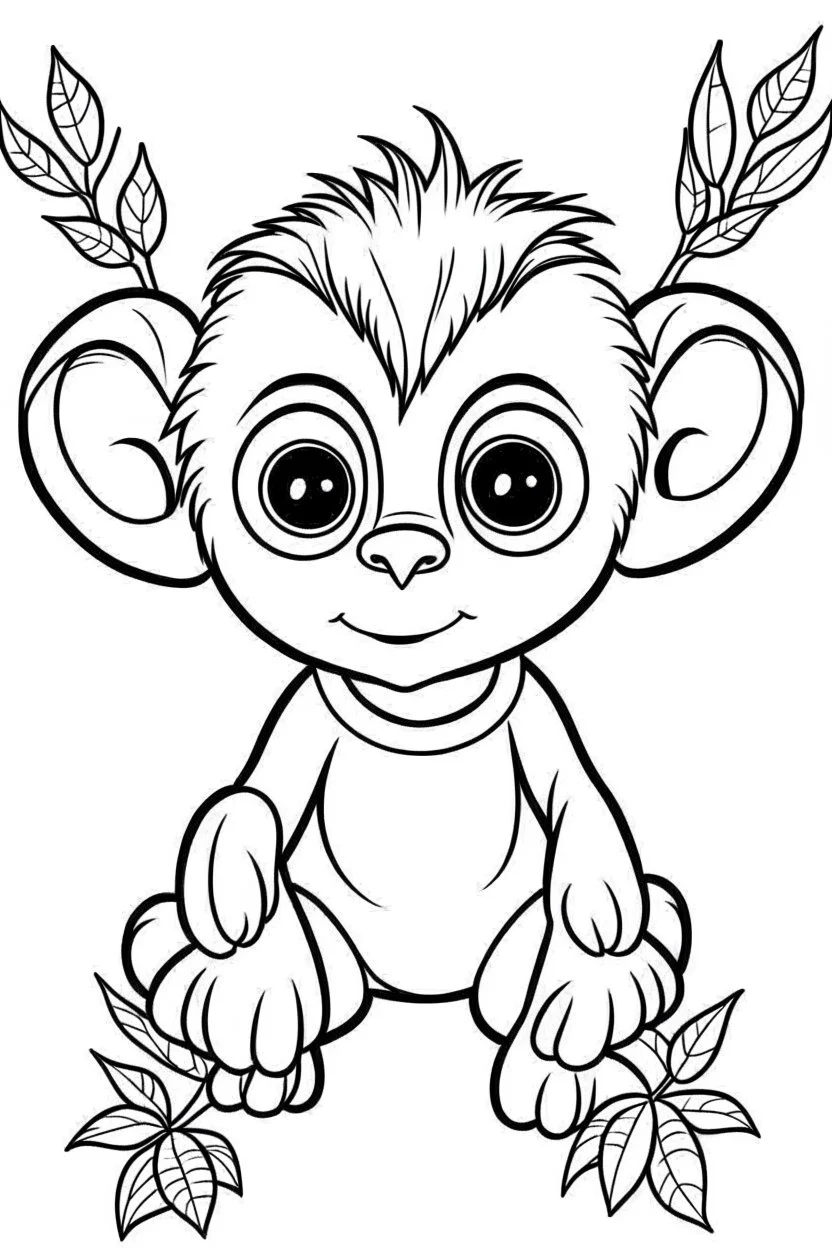 cute coloring page, sketch style, cute baby monkey in the jungle, cute cartoon, white and black, withe background, no shadows, outline.