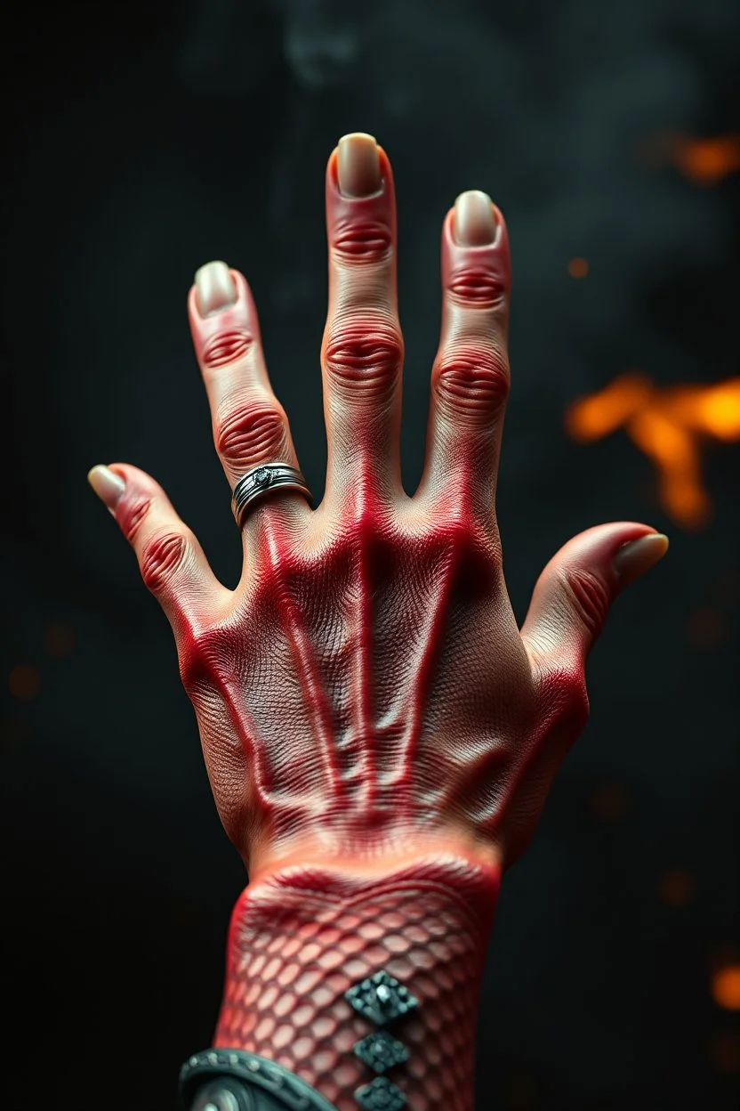 A hand palm fest with a ring in the middle finger, red skin, scales, unreal engine 6, high detail, intricate, cinematic. photoshoot style, intricate, studio lighting, masterpiece , highly detailed, 8k, best quality, fire, smoke, dramatic,d,<lora:mshn:0.7>,<lyco:Warrior_Couture:0.5>,