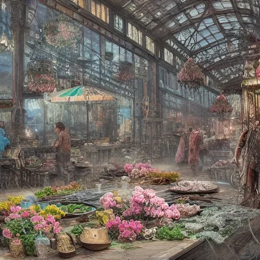 Insanely detailed photograph of an “artitcture plans of a city market along waterway” with intricate gears, intricate embroidered band, hyperdetailed painting by Ismail Inceoglu Huang Guangjian and Dan Witz CGSociety ZBrush Central fantasy art album cover art,8K, hdr, romantic, mysterious, ominous, flowers, jewelry, steam,oil,cafe,street vendors