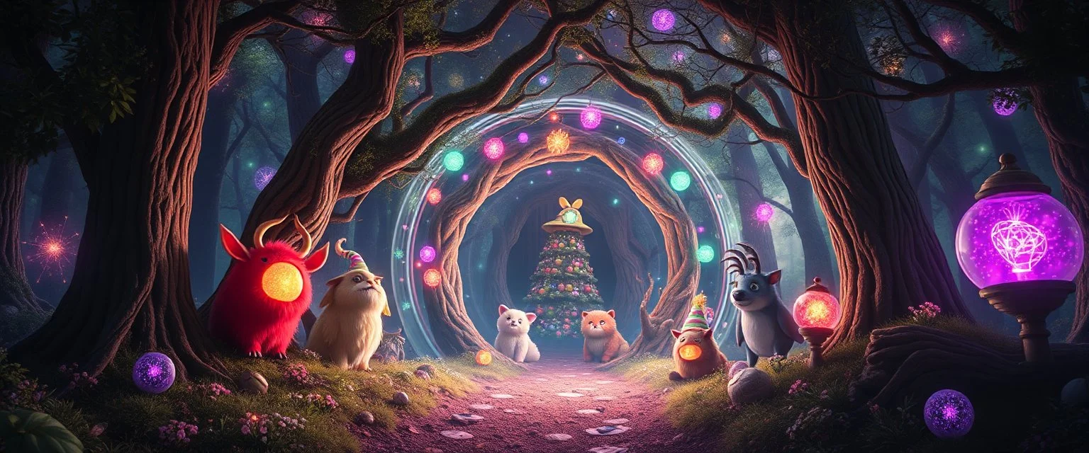 in the magical lumnious forest you enter the strangest bubble doorway to weird dimension and the aura of its heavenly fluffy elevated messed up woodland creatures