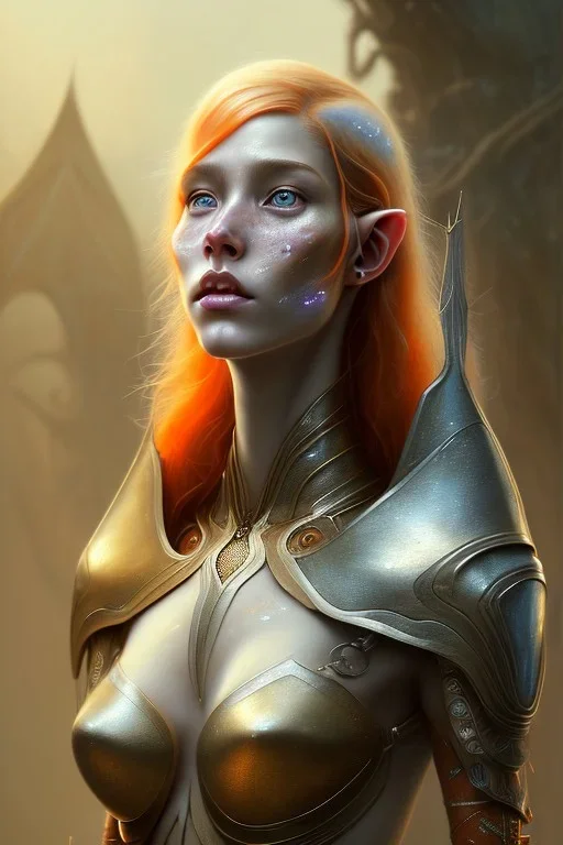 painting of a tall elven young woman with short light orange hair and freckles on the cheak bones and tall body light armor, full body, ultra realistic, concept art, intricate details, eerie, highly detailed, photorealistic, octane render, 8 k, unreal engine. art by artgerm and greg rutkowski and charlie bowater and magali villeneuve and alphonse mucha